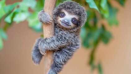 Cute baby sloth clinging to branch