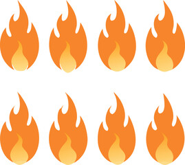 Eight Cartoon Flames in Two Rows on a White Background Representing Heat Energy Passion and Warmth in a Simple and Playful Style