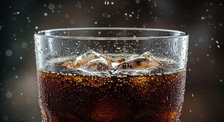 Refreshing Soda with Ice Cubes and Condensation Drops in Clear Glass