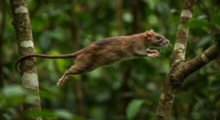 Agile Malagasy Giant Jumping Rat Leaps Across Forest Canopy Branches