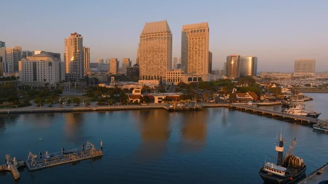 San Diego Harbor and Downtown Cityscape Aerials at Sunset