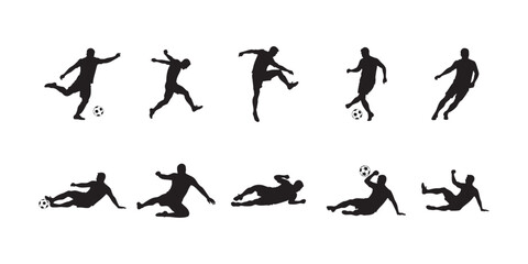 Silhouettes of soccer players in mid-action with the ball during game moments