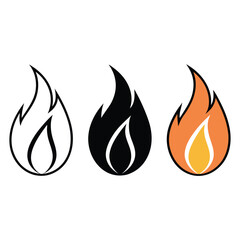 Three Fire Flames in Different Styles Outline Silhouette and Color Isolated on White Background Vector Illustration