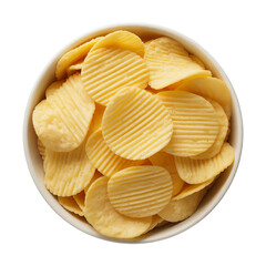A white bowl filled with wavy potato chips  viewed from directly above top down