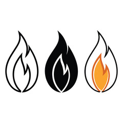 Three Fire Flame Icons in Different Styles Outline Solid Black and Orange Fill with Black Outline on a White Background