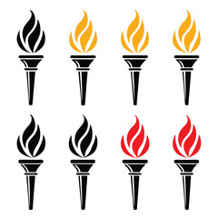 Set of Eight Torch Icons with Flames in Different Colors on a White Background for Various Design Purposes