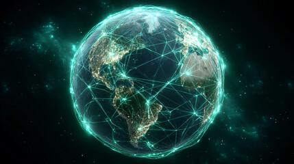 Digital globe showcasing interconnected continents and cities at night