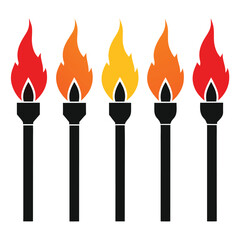 Five Torches with Flames in Red Orange and Yellow Colors Isolated on a White Background in Vector