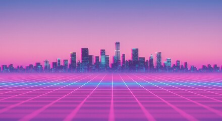 Synthwave Cityscape, Retro-Futuristic Neon Skyline with Glowing Grid