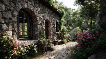 Naklejka premium Beautiful stone cottage surrounded by vibrant flowers in a garden