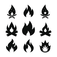 Collection of Black and White Bonfire and Fire Icons Representing Warmth Adventure and the Outdoors in a Vector Format