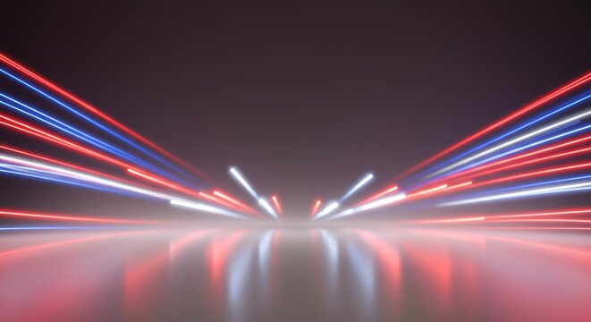 Abstract background with glowing red, white and blue light trails