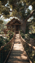 Fototapeta premium Charming wooden treehouse surrounded by lush greenery