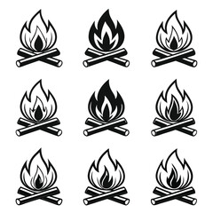 Collection of Campfire Icons with Wood Logs in Black and White Style Perfect for Camping Outdoor or Adventure Related Designs