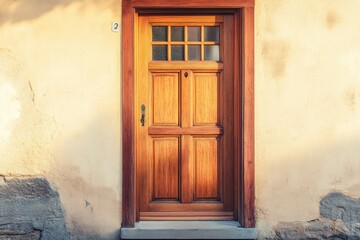 Wooden front door with window panels set against a textured wall