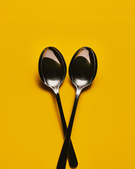 Two spoons are arranged symmetrically against a bright yellow background, highlighting their sleek contours and reflective surfaces. The composition emphasizes simplicity and elegance. Generative AI