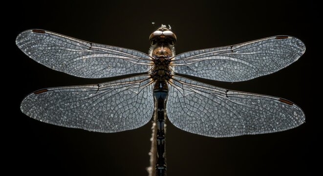 Detailed macro shot of a dragonfly showcasing intricate wing patterns