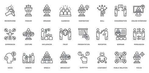 Public Speaking icon set. Containing microphone, podium, speaker, audience, influencer, presentation, debate, speech. Outline style