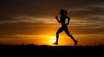 Silhouette of a determined woman running at sunset symbolizing health and fitness