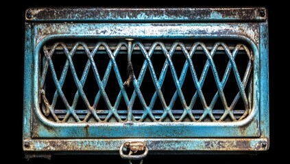 Rusted, teal-colored metal vent with diamond-patterned grid