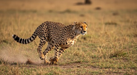 Cheetah in Full Sprint Across the African Savannah at Sunset, Majestic Predator Pursuing Prey with Incredible Speed and Agility