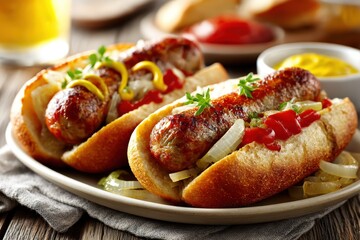 Gourmet grilled bratwurst sausages with onions and condiments served in fresh rolls on a rustic wooden table, embodying a classic barbecue experience.