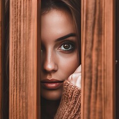 Close-up of a woman peering through wooden slats
