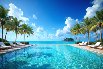 Fototapeta premium large swimming pool surrounded by palm trees and lounge chairs