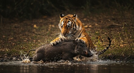 Intense tiger hunt, Bengal tiger capturing prey in a dramatic water scene