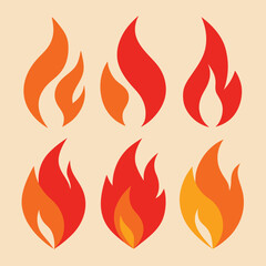 Collection of Six Different Fire Flame Icons in Various Shades of Red and Orange on a Light Beige Background