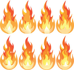 Set of Eight Cartoon Flames with Orange and Yellow Colors on a White Background for Use in Graphic Design Projects