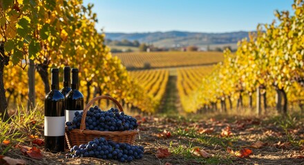 Picturesque Autumn Vineyard Scene with Wine and Grapes in Tuscany Italy