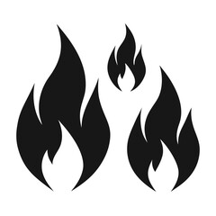 Three Black Flame Icons on a White Background Representing Fire Heat Passion Energy and Warning in a Simple Style