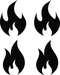 Four Black Flame Icons on a White Background Representing Fire Passion Energy and Heat in a Simple Design