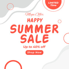 Happy Summer Sale Poster or Banner with 40% Discount. Vector. Limited Offer. Illustration. Up to 40% off. Shop Now. Mega Offer. 