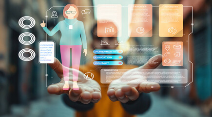 Digital Illustration of a Woman Presenting Information with UI Elements in a Urban Setting for Business and Education Themes