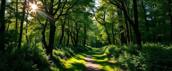 Obraz premium Sun-dappled path winds through lush, tranquil green forest, forest, woodland