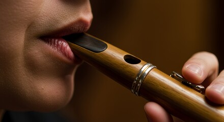 Close-up of a Woman Playing a Wooden Flute