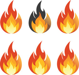 Set of Six Fire Flame Icons with Orange and Yellow Gradient Colors on a Clean White Background Illustration