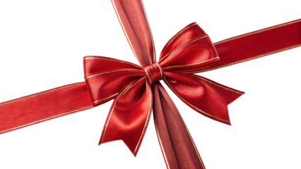 Red satin gift bow with gold edge isolated on transparent background