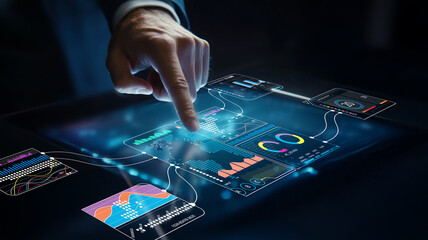 Business professional interacting with futuristic digital data interface using touch gestures in a...