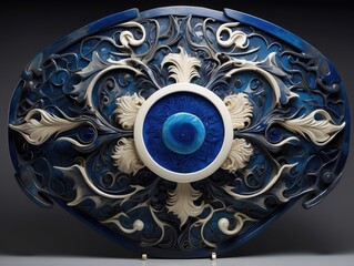 "Ornate Blue Winged Shield with Floral Baroque Design and Gem Centerpiece"