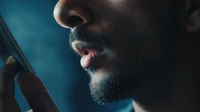 Closeup of Man Making Fraudulent Phone Call with Serious Expression