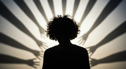 Silhouette figure with evocative hand shadows conveying anxiety and distress