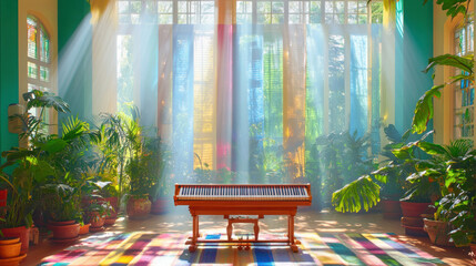 Vintage music, A marimba rests in a sunlit, empty conservatory, creating a serene and artistic atmosphere.