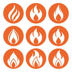 Set of Nine Orange Fire Flame Icons on White Background Various Shapes Isolated Vector Illustration Graphic Design Element