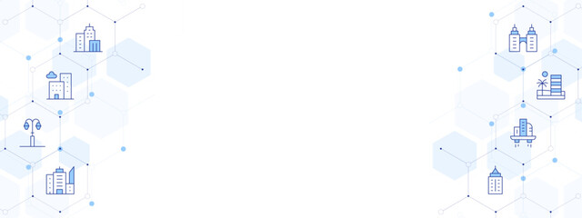 Obraz premium City Banner Vector Illustration with Two-sided Icon Style. Line Duotone icon. Containing. city, buildings, lamppost, skyscrapper, building, skyscraper