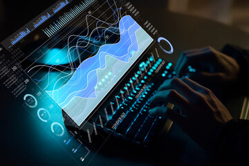 Innovative Data Analysis Concept with Hands on Keyboard and Digital Interface Displaying Graphs and...