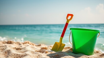 A vibrant green plastic bucket and yellow shovel sit on a pristine white sandy beach near a turquoise ocean.