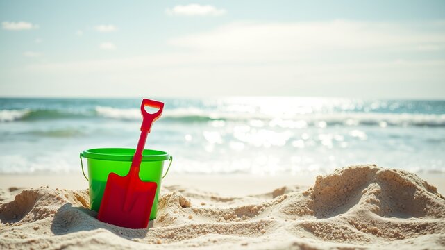 A vibrant red shovel and green bucket sit led in the warm sand of a sunny beach near the ocean waves.